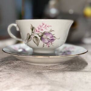 Jarolina Karolina Favolina Porcelain Teacup & Saucer Purple Rose Vintage Floral